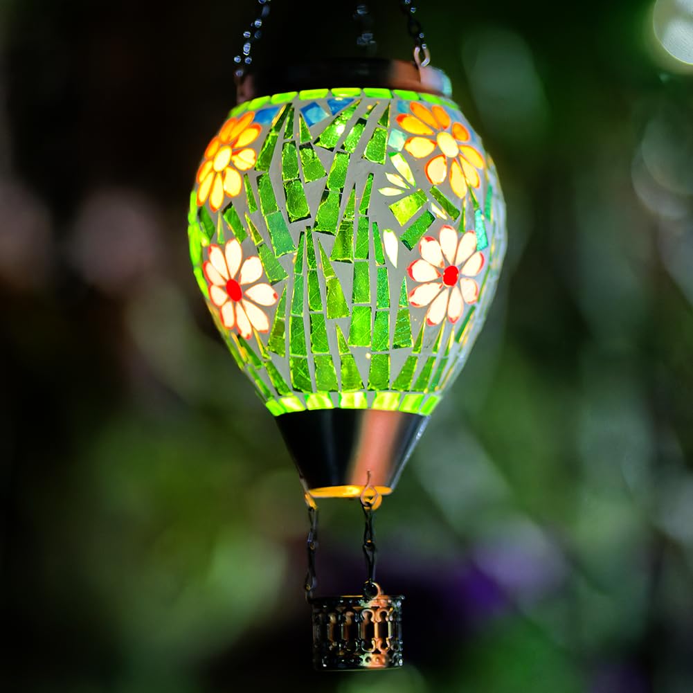 Giole Mosica balloon lantern with flower-pattern glass creates soft garden glow at night