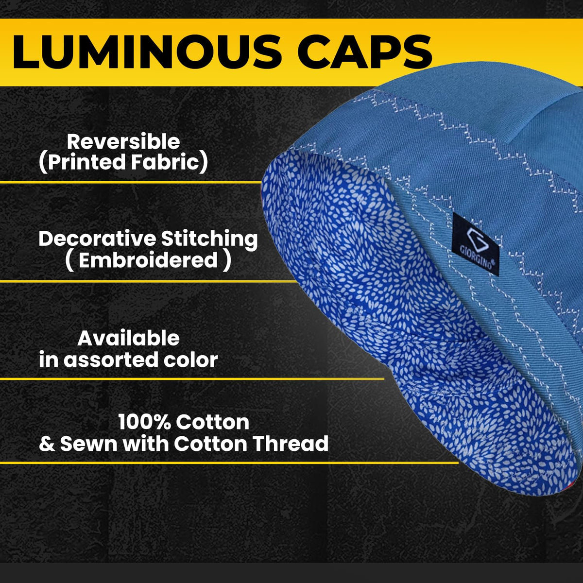 Giorgino welding cap with reversible brim provides versatile head protection.