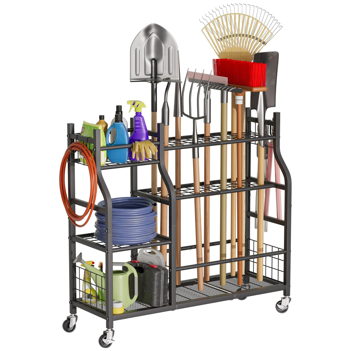 GIOTORENT garden tool organizer with wheels, front view shows multi-tier storage for easy tool access.