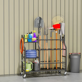 GIOTORENT garden tool organizer side hooks, showing bilateral hangers for rakes and brooms.
