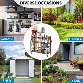 GIOTORENT rolling cart with wheels, highlighting mobility across garage or garden spaces.