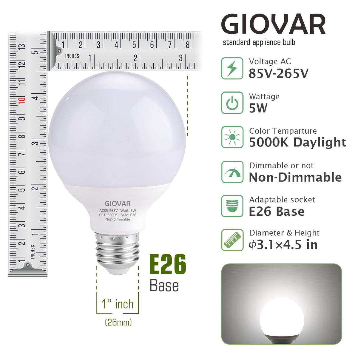 GIOVAR globe bulb with shatter-resistant lampshade for durable, uniform daylight