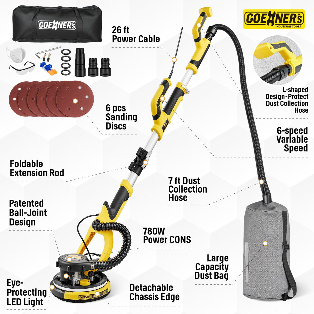 Gioventù drywall sander ceiling-head design stabilizes vertical sanding.