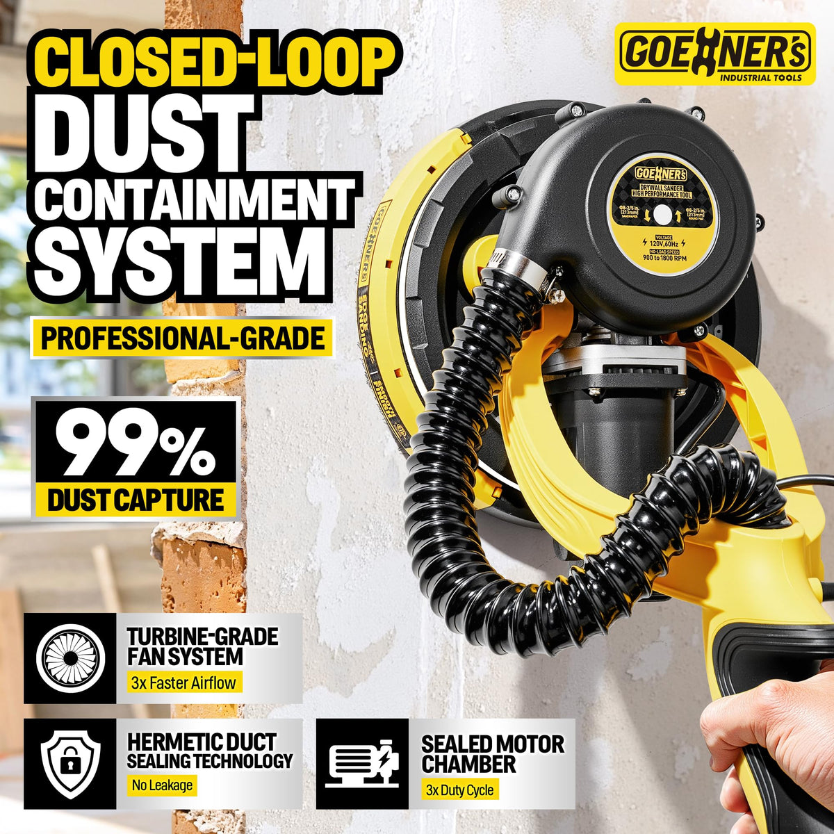 Gioventù drywall sander LED light enhances visibility in dim spaces.
