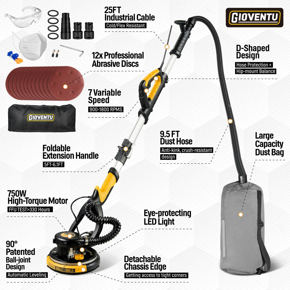 LED work lights illuminate dark areas for precise sanding