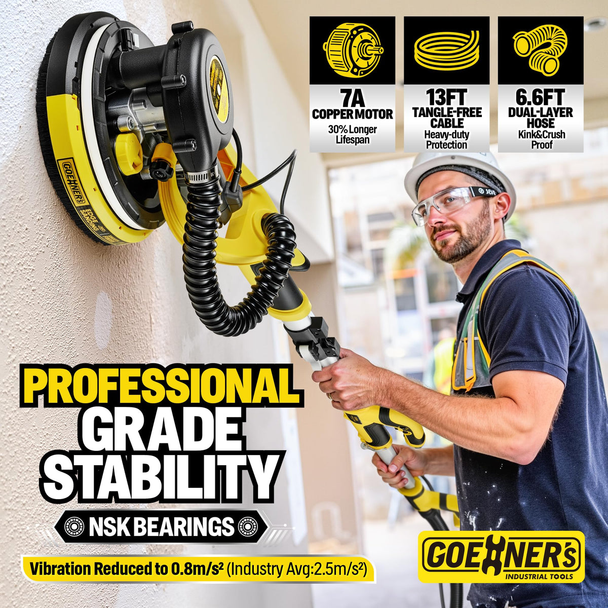 Gioventù drywall sander rotating-disk enables sanding into tight corners.