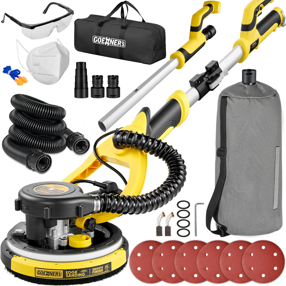 Gioventù drywall sander with vacuum attachment keeps dust under control during ceiling sanding.