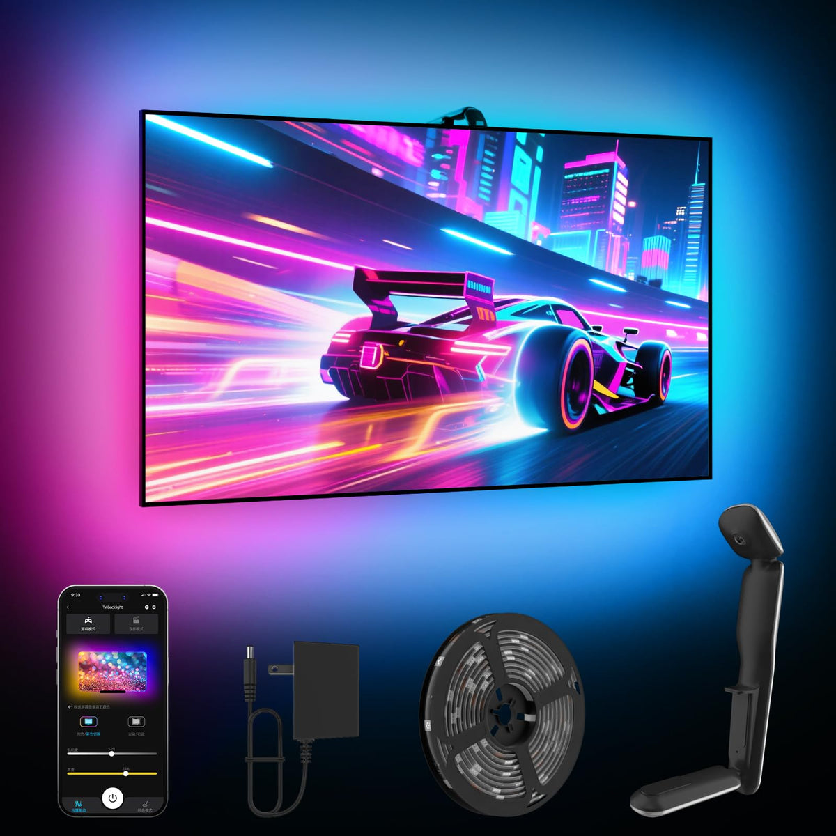GIPOYENT TV LED lights with camera setup for real-time color sync on a large screen