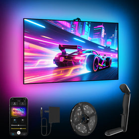 GIPOYENT TV LED lights with camera setup for real-time color sync on a large screen
