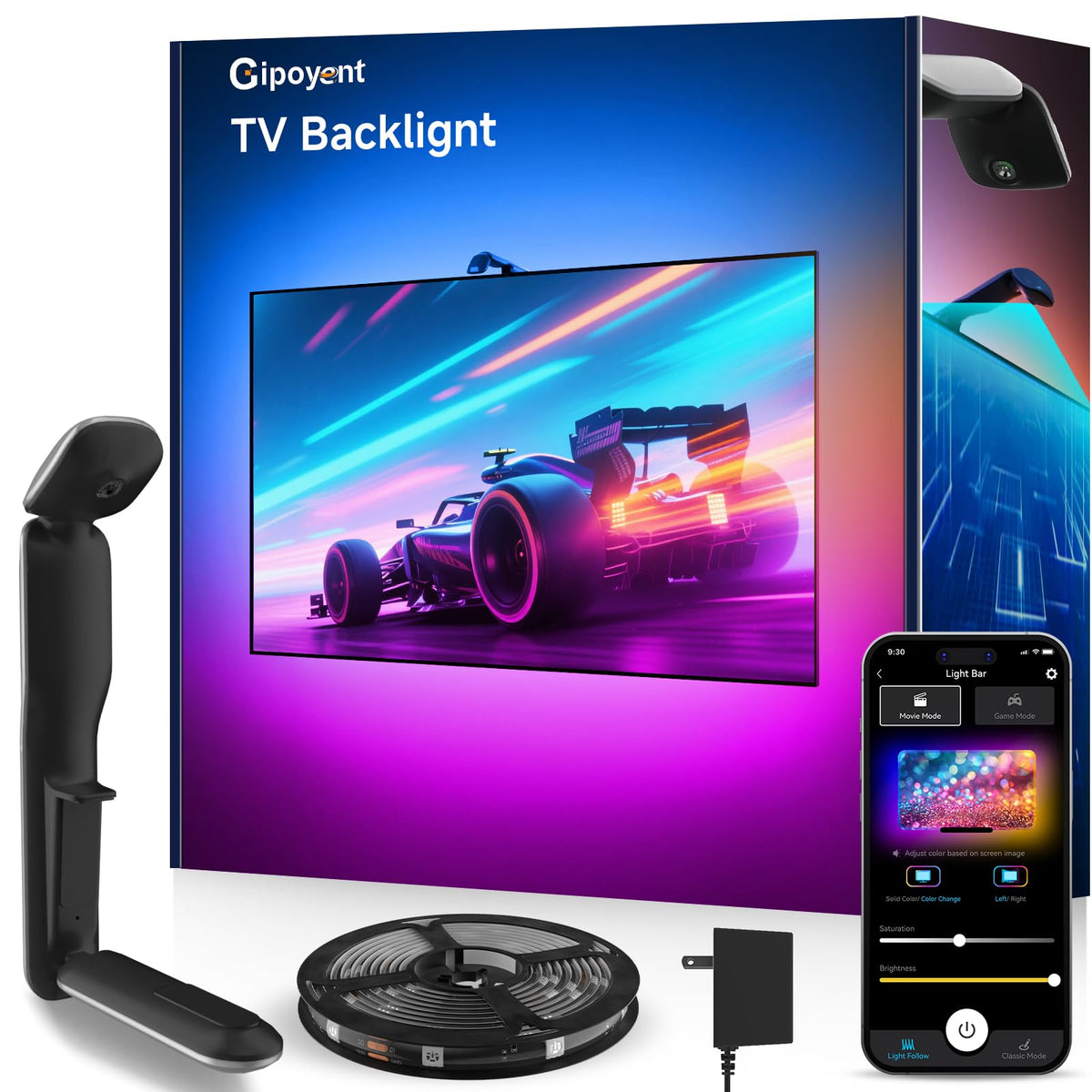 GIPOYENT LED TV backlight with camera sensor enables real-time color syncing for immersive viewing.