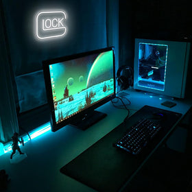 Gippro Lock neon sign mounted in a man cave for immersive lighting.