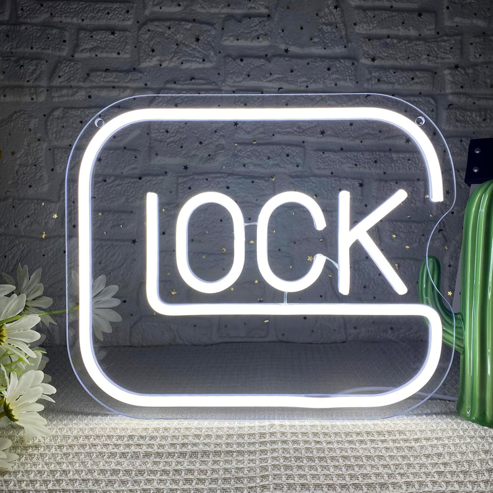 Gippro Lock neon sign on wall adds vibrant ambiance for game room.