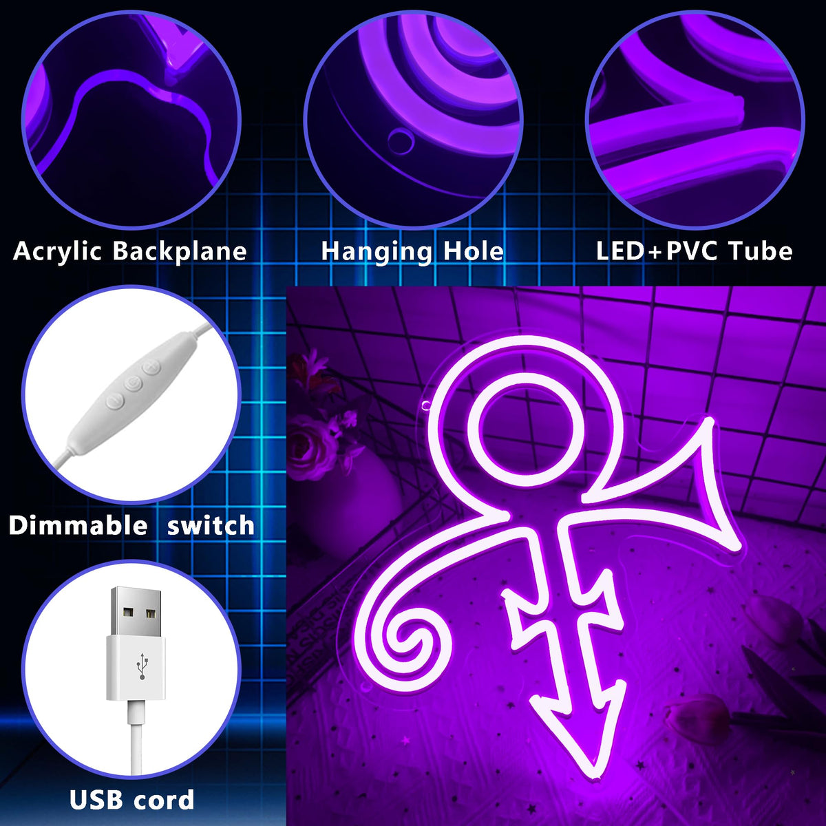 Gippro Prince purple symbol neon sign creates party-ready illumination.