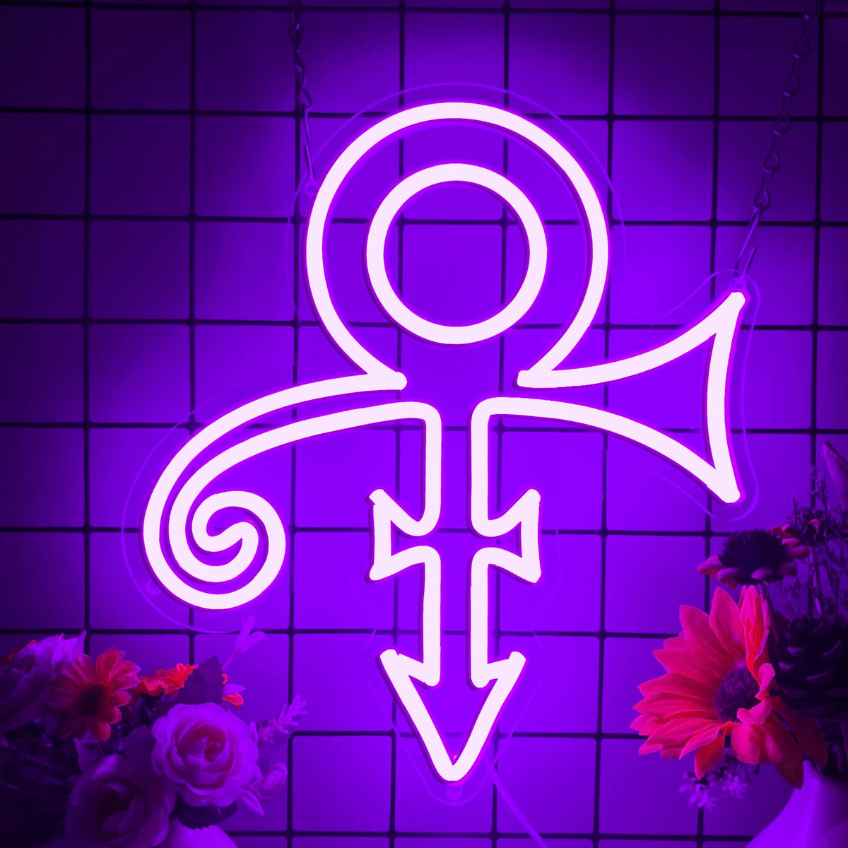 Gippro Prince purple symbol neon sign on wall adds ambient dorm lighting.