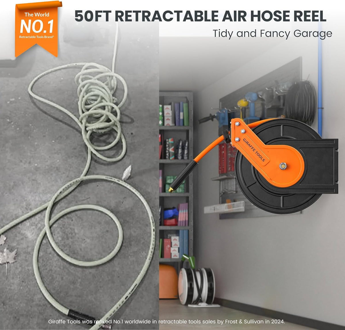Giraffe Tools automatic rewind air hose reel simplifying workspace organization and reducing clutter