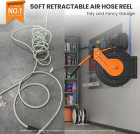 Giraffe Tools automatic rewind air hose reel simplifying workspace organization and reducing clutter