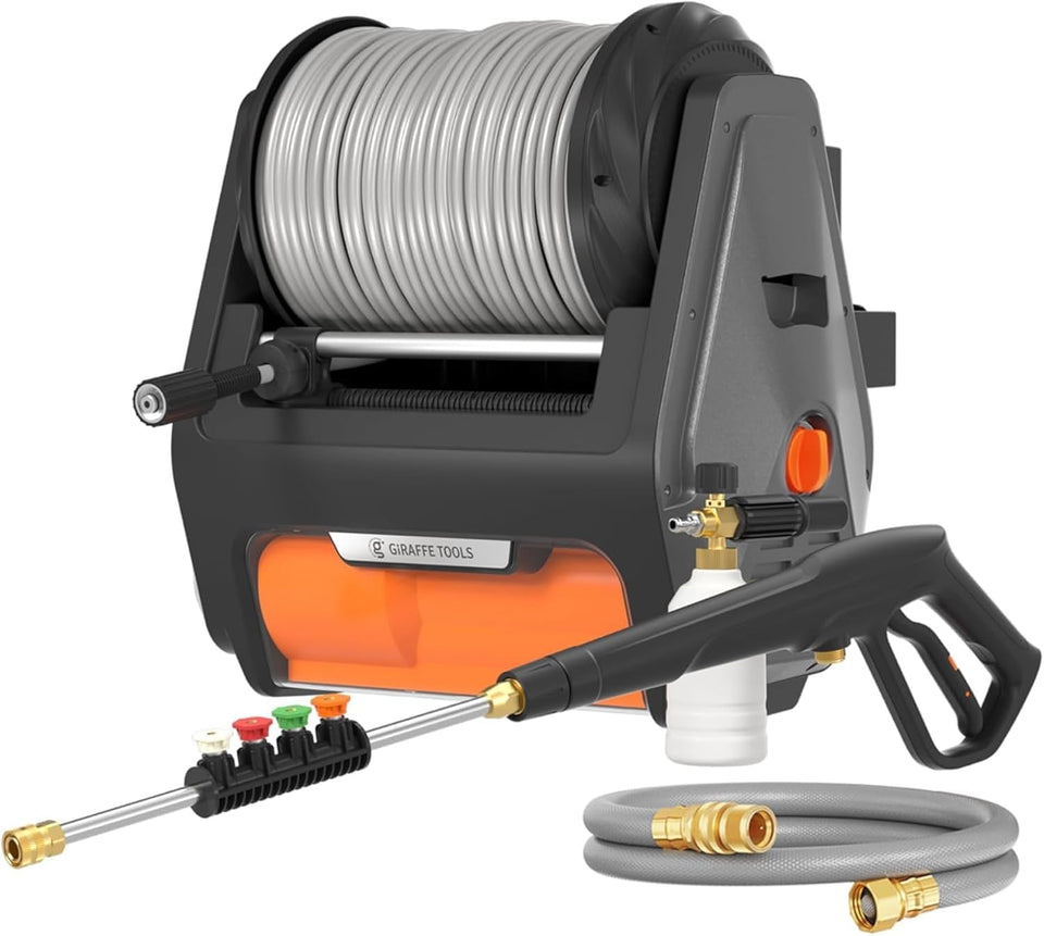 Giraffe Tools Grandfalls wall-mounted power washer front view shows space-saving design for tidy garages.