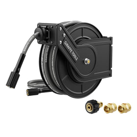 Giraffe Tools 60ft retractable hose reel mounted on wall for tidy, ready-to-use cleaning.