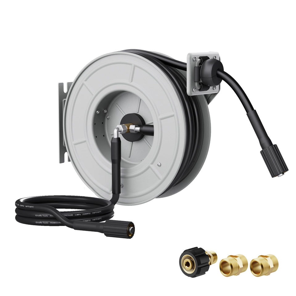 Giraffe Tools 65ft hose reel extension showing easy reach and tidy outdoor cleaning