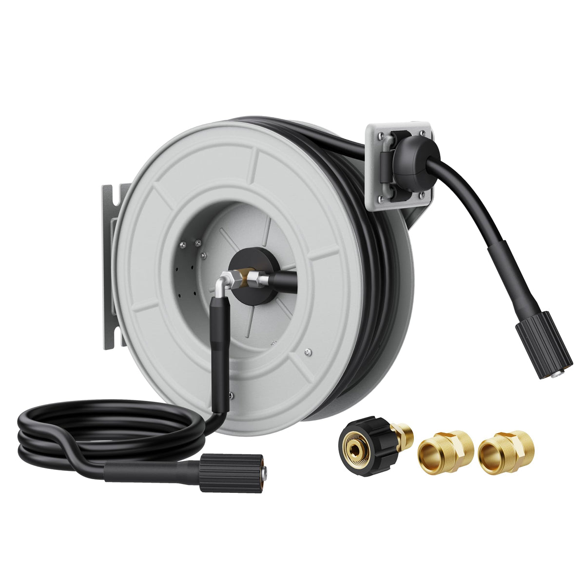 Giraffe Tools pressure washer hose reel 65ft mounted on wall for easy reach.