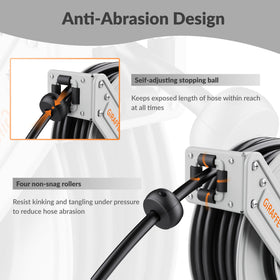 Giraffe Tools anti-abrasion guide arm protects hose during extension and retraction cycles