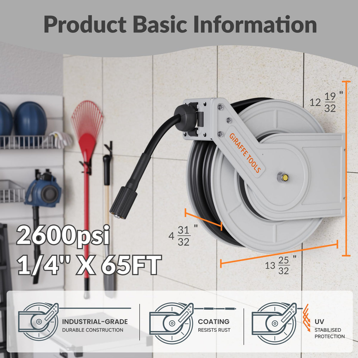 Giraffe Tools auto retract hose reel enabling quick, snag-free rewinding after use