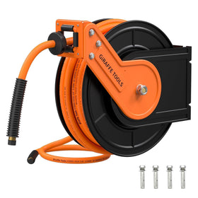Giraffe Tools retractable air hose reel 50ft mounted on wall for tidy garages and quick access
