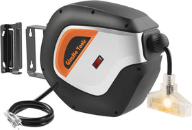 Giraffe Tools retractable cord reel case closeup highlighting rugged housing for durable daily use.