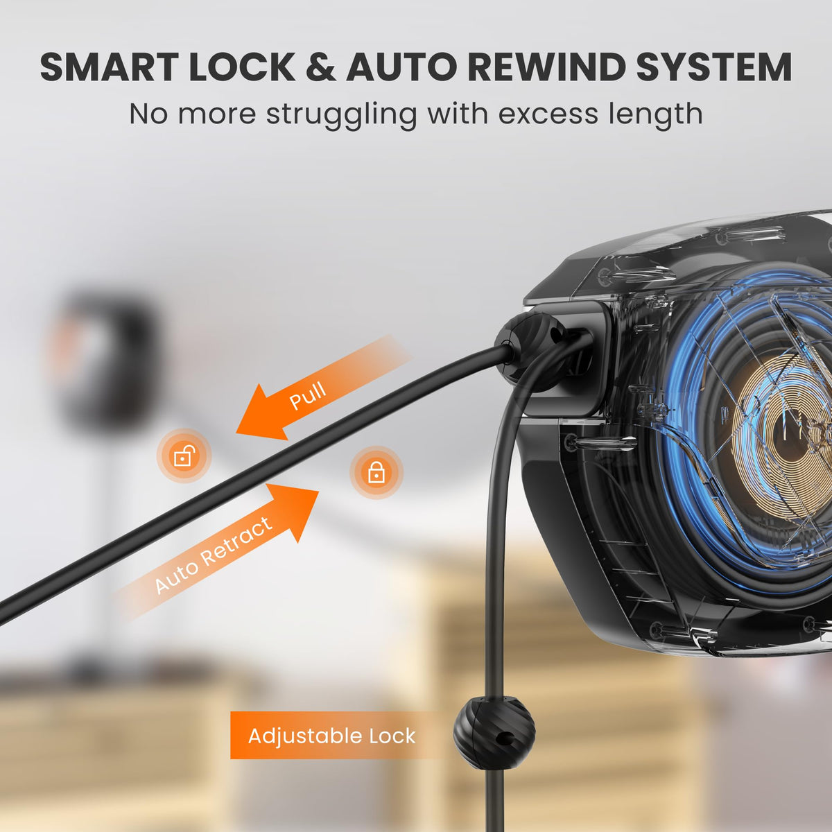 Giraffe Tools retractable cord reel mounted wall closeup showing versatile mounting options.
