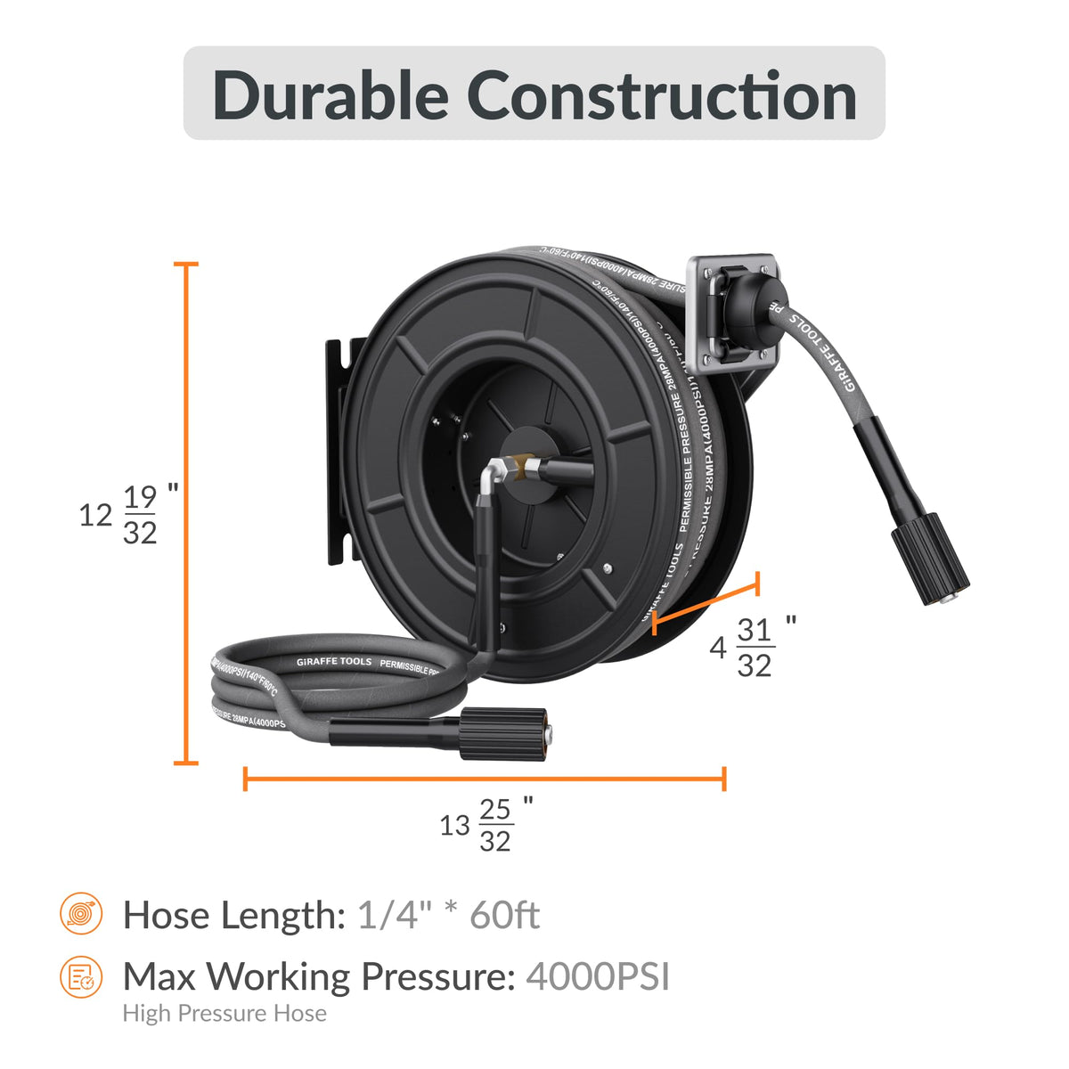 Giraffe Tools wall-mounted reel with anti-snag guide for smooth, kink-free retraction.
