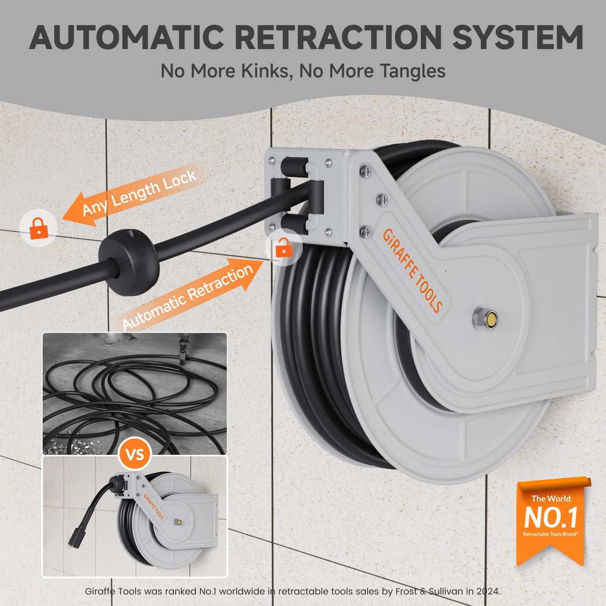Giraffe Tools wall-mounted hose reel with auto-retract for a tidy workspace.