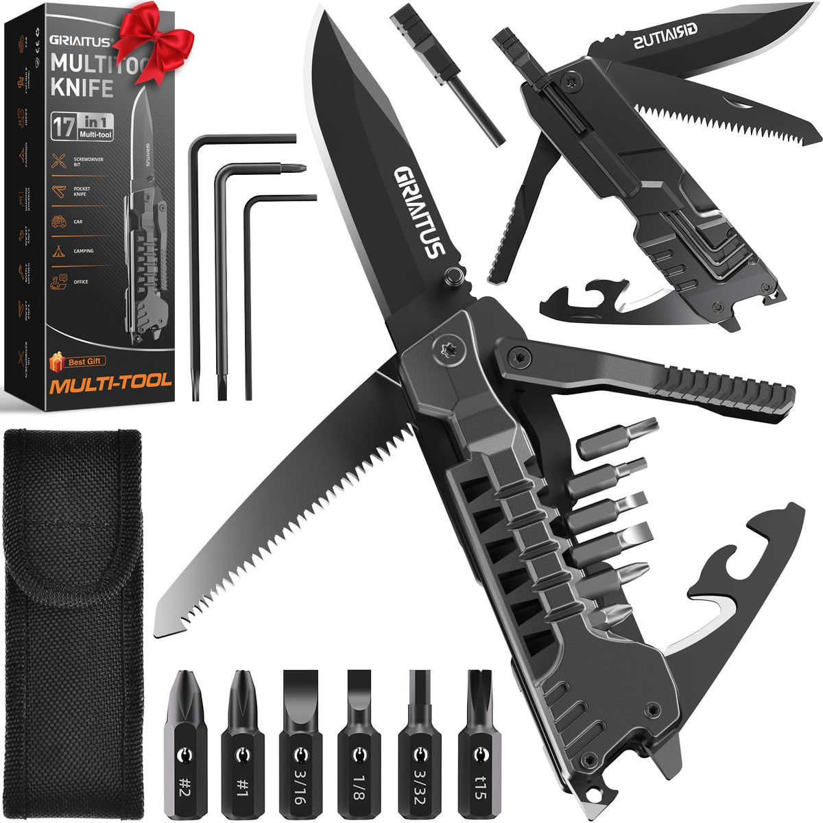 GIRIAITUS 17-in-1 multitool knife blade, durable steel for camping tasks