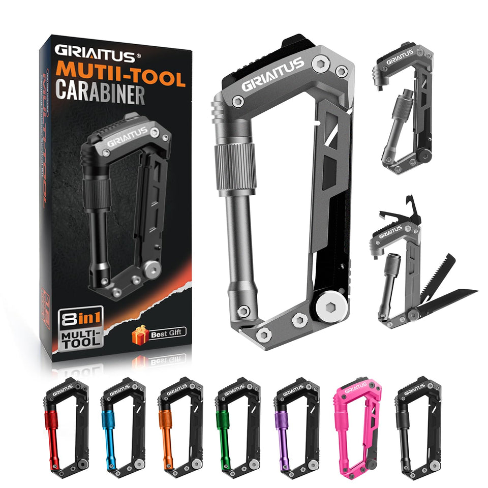 GIRIAITUS carabiner multitool 8-in-1 knife close-up for versatile outdoor tasks.