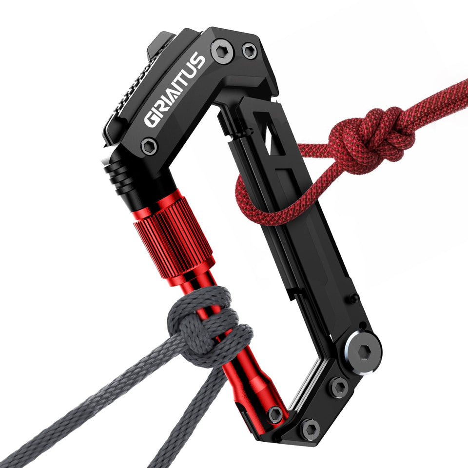 GIRIAITUS carabiner multitool with pocket knife in red for everyday carry.