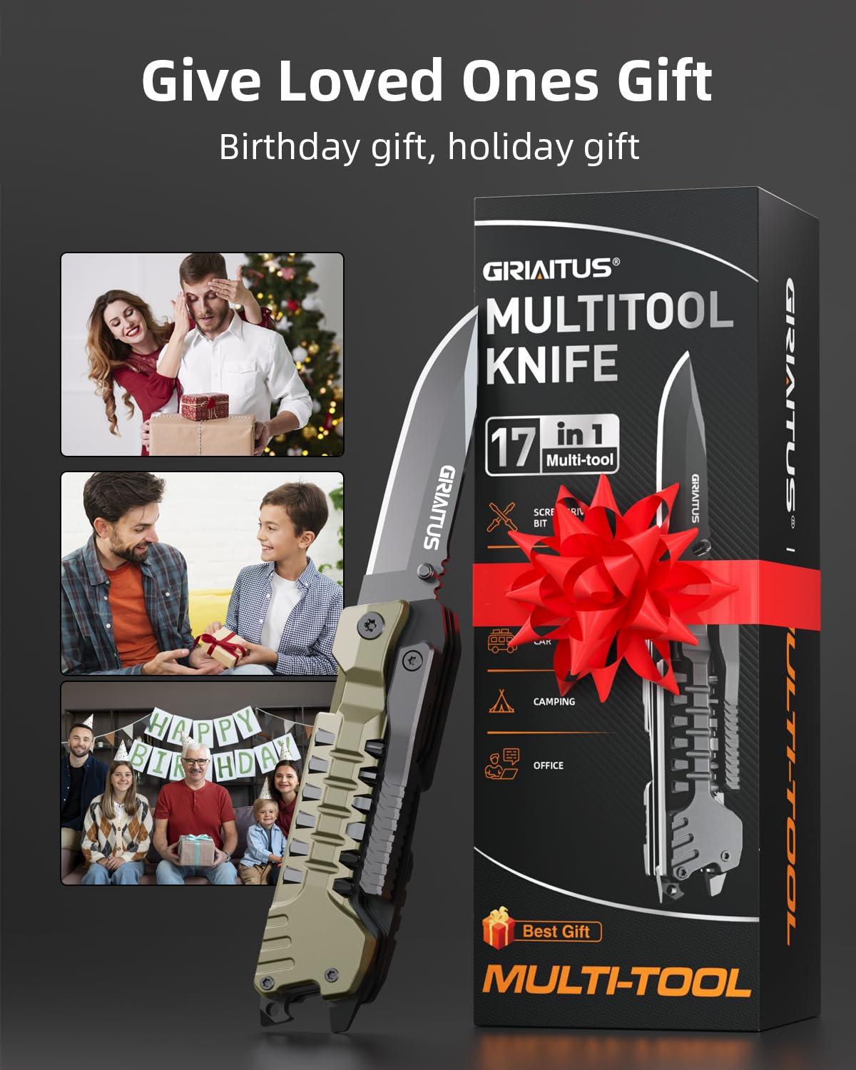 GIRIAITUS nylon sheath keeps the multitool secure and ready.