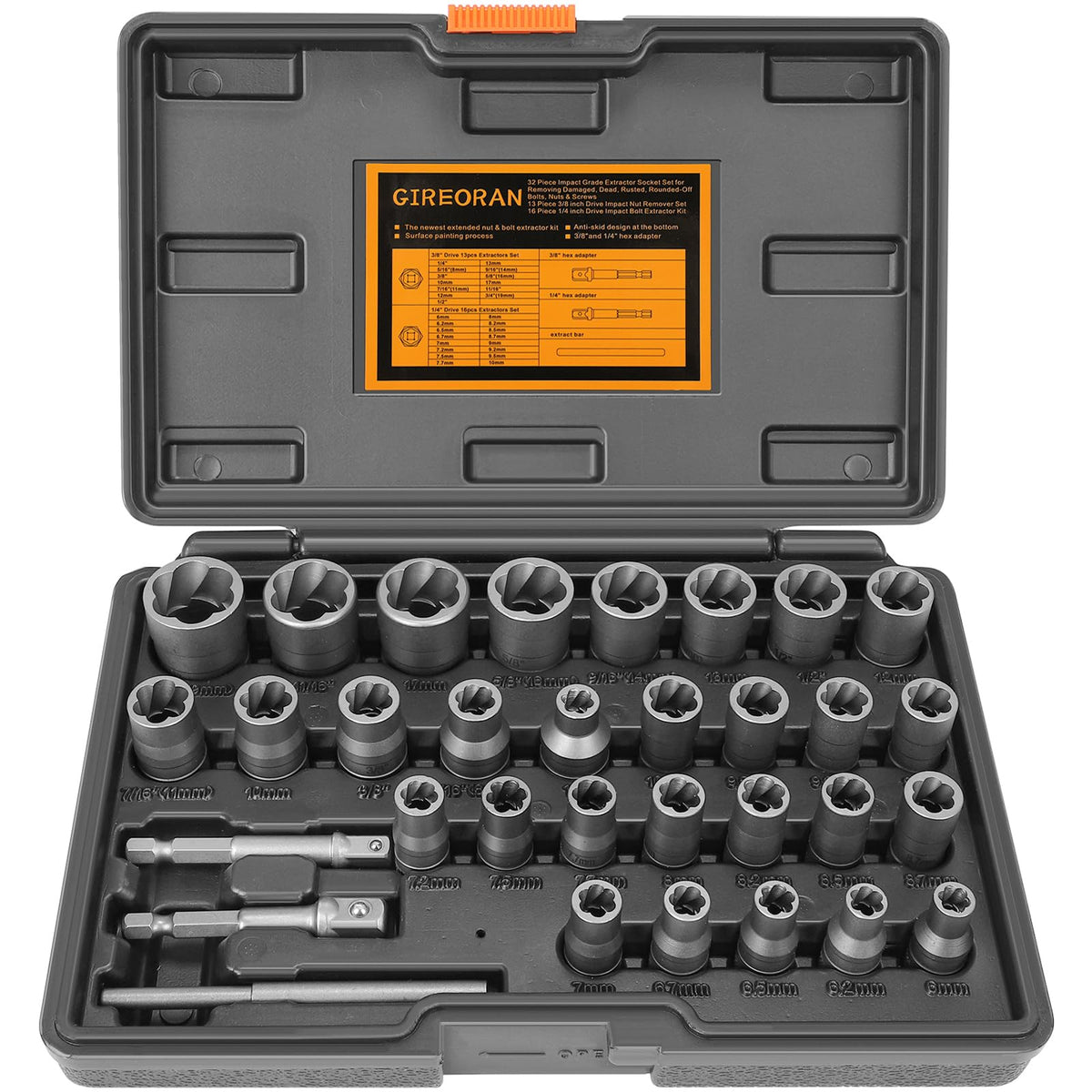 GIREORAN Upgrade Bolt Extractor Kit spread shows 32-piece versatility for damaged bolts