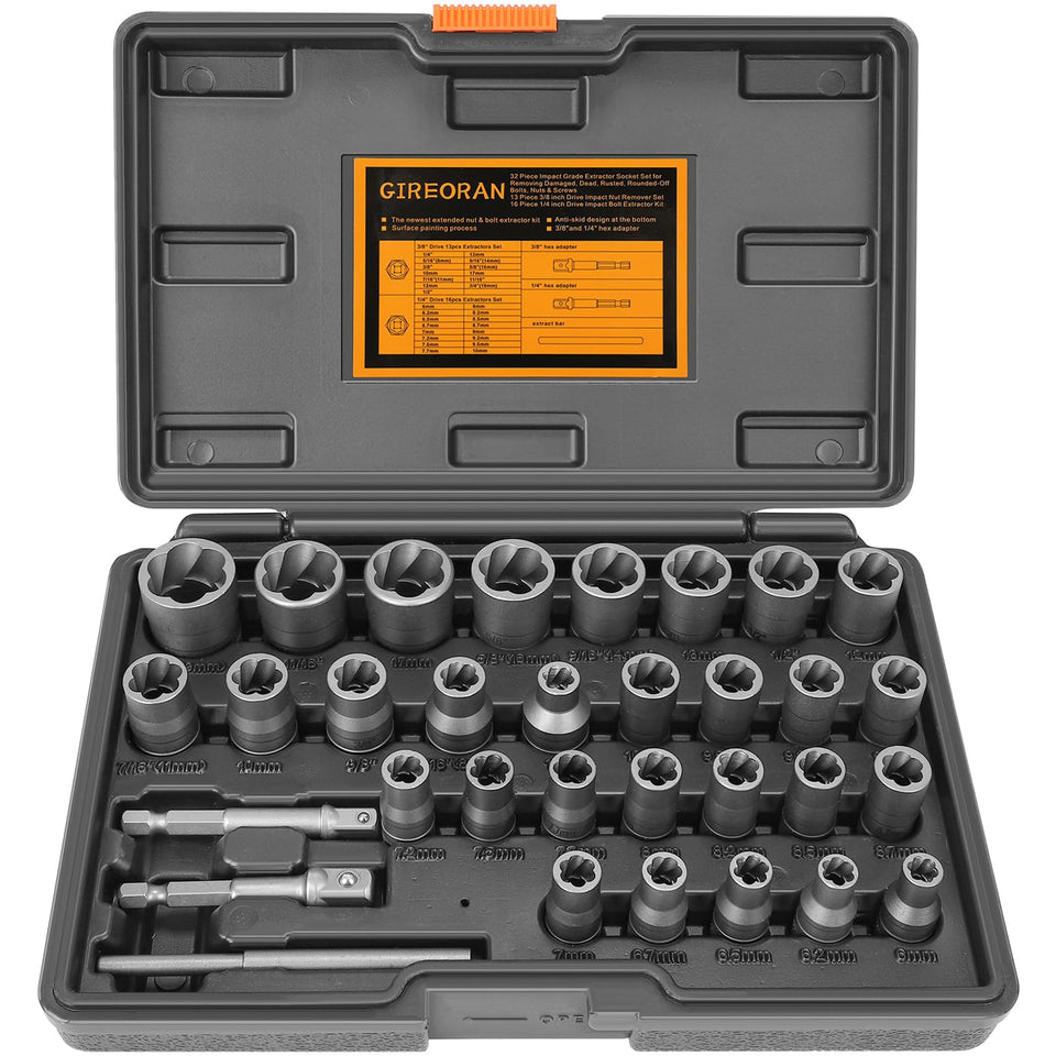 GIREORAN Upgrade Bolt Extractor Kit spread shows 32-piece versatility for damaged bolts
