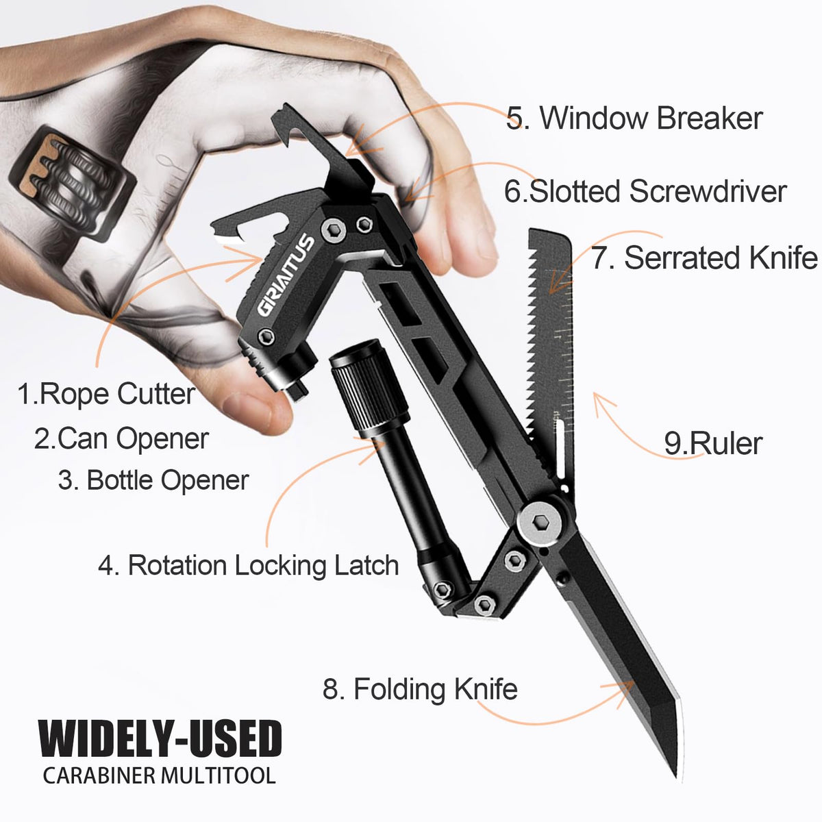 GIRIAITUS carabiner multitool serrated knife ideal for rope work.