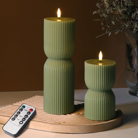 Girimax olive green ribbed flameless candles, front view ideal ambient decor