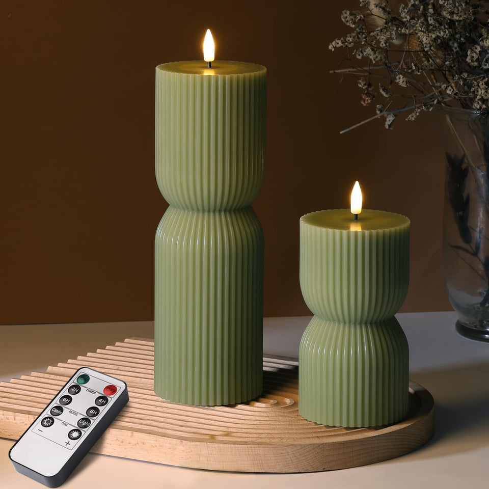 Girimax olive green ribbed flameless candles, front view ideal ambient decor