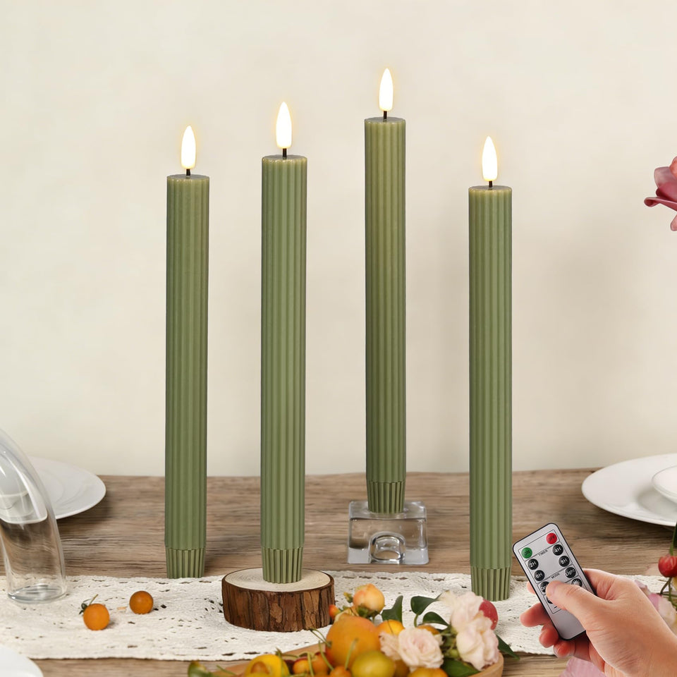 Girimax olive-green ribbed taper candles create safe, cozy dining ambience.