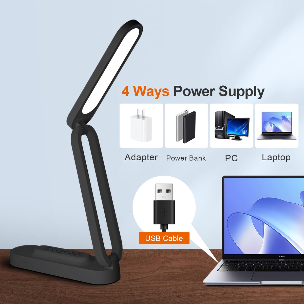 Giryuhd desk lamp head rotates 180° for flexible lighting directions.