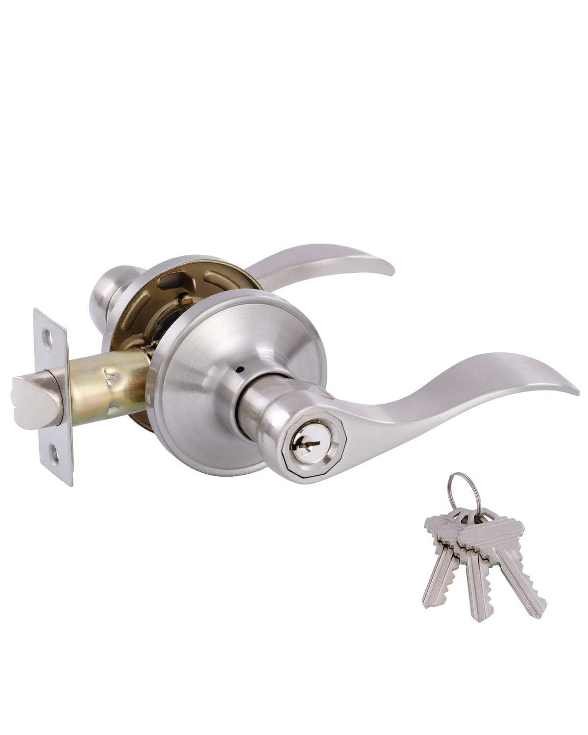 GITRANG door levers on front entry in satin nickel offer easy operation and refined style