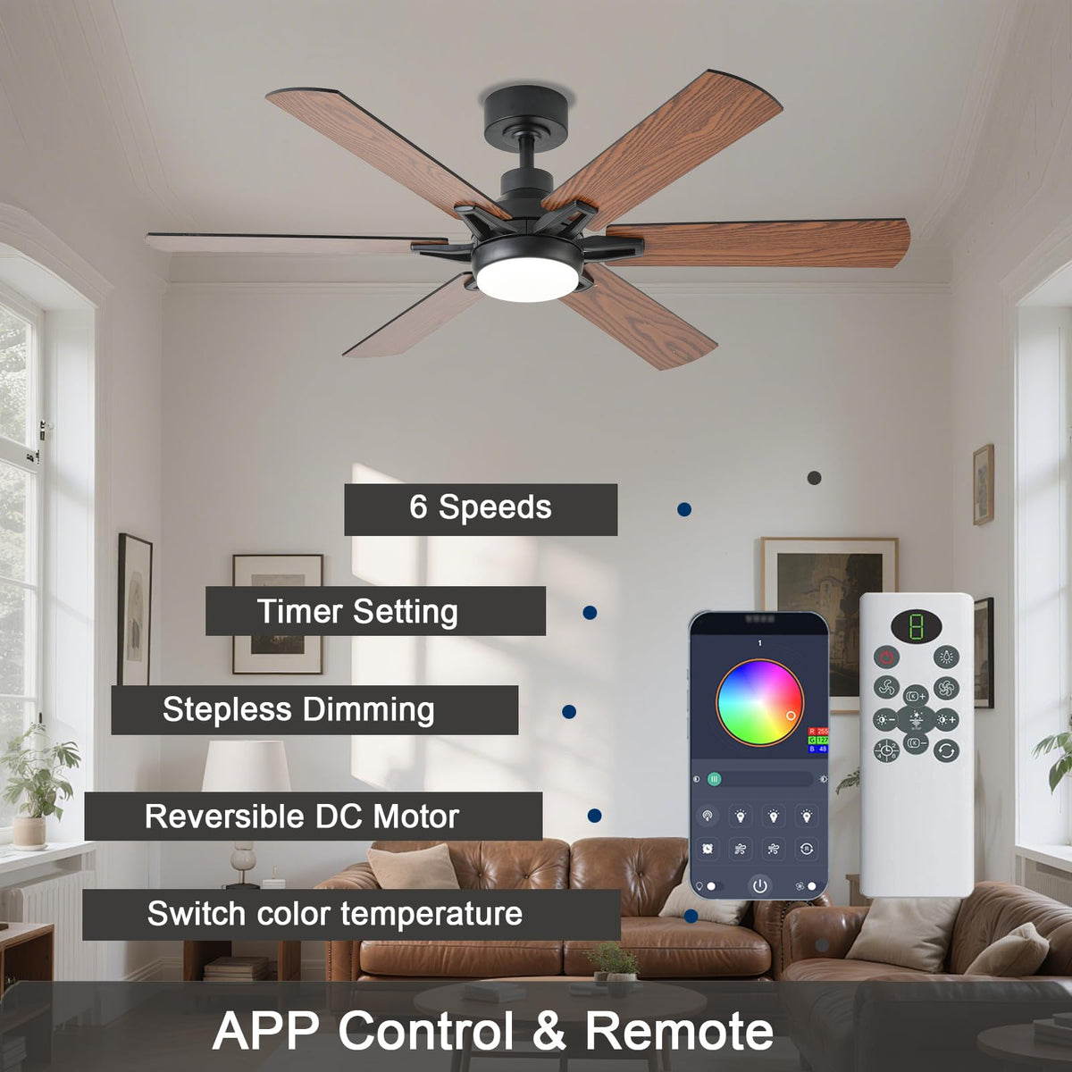 GJeg energy-efficient DC motor reduces power use compared to older fans.