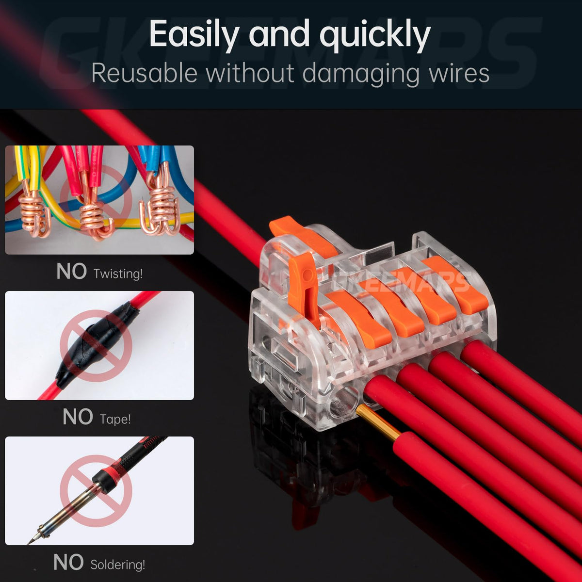 GKEEMARS 1in-2out splicing connector in use for quick, weather-resistant wire joins.