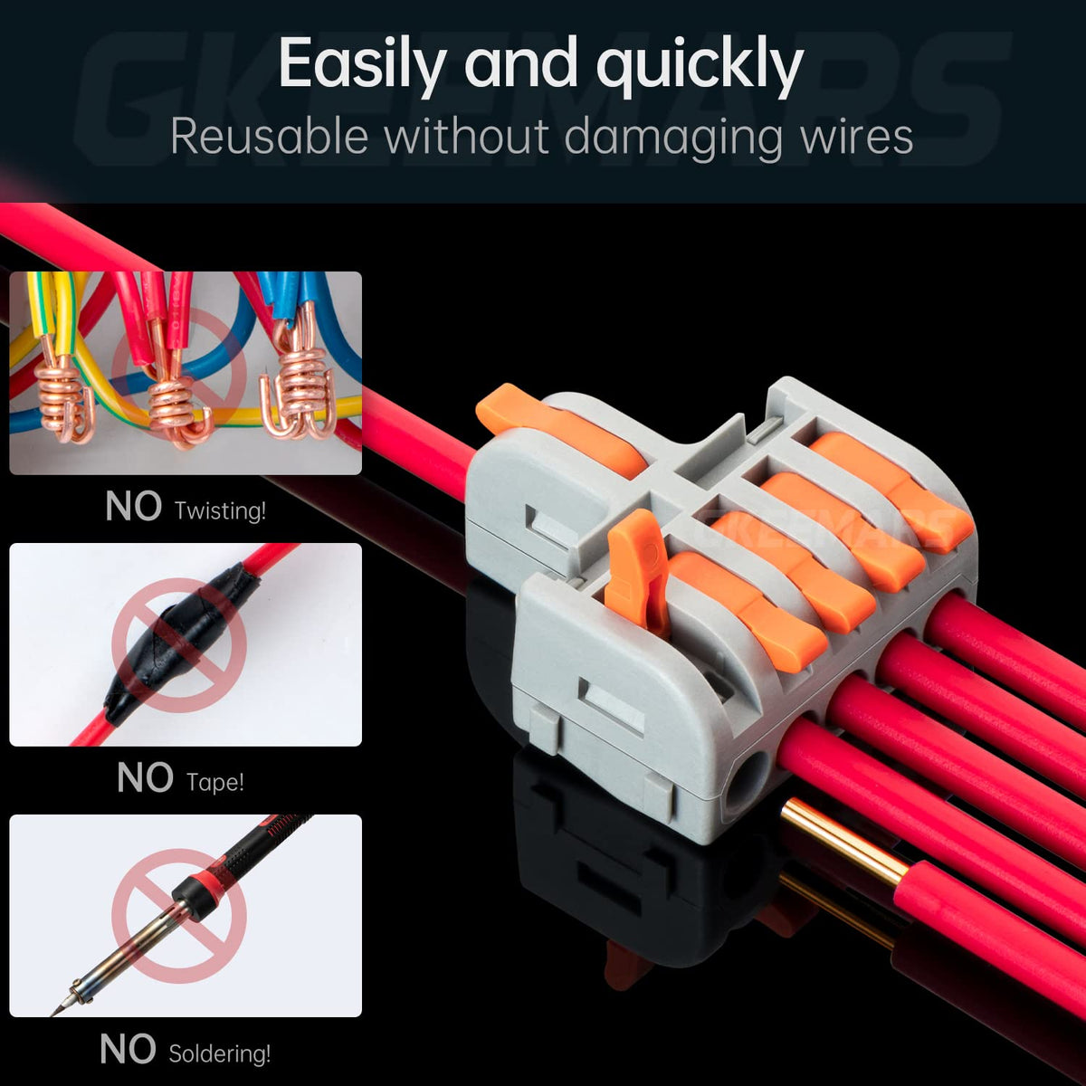 GKEEMARS 1-in-3-out splicing connector shown for versatile circuit branching.