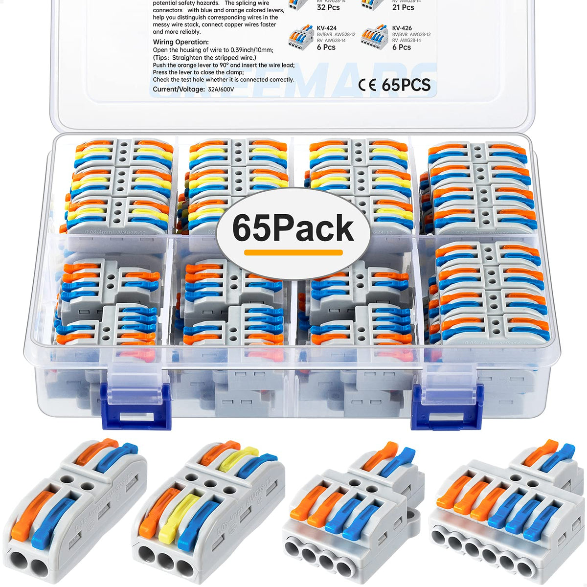 GKEEMARS 65pcs compact splicing connectors pack for fast, reliable wiring.