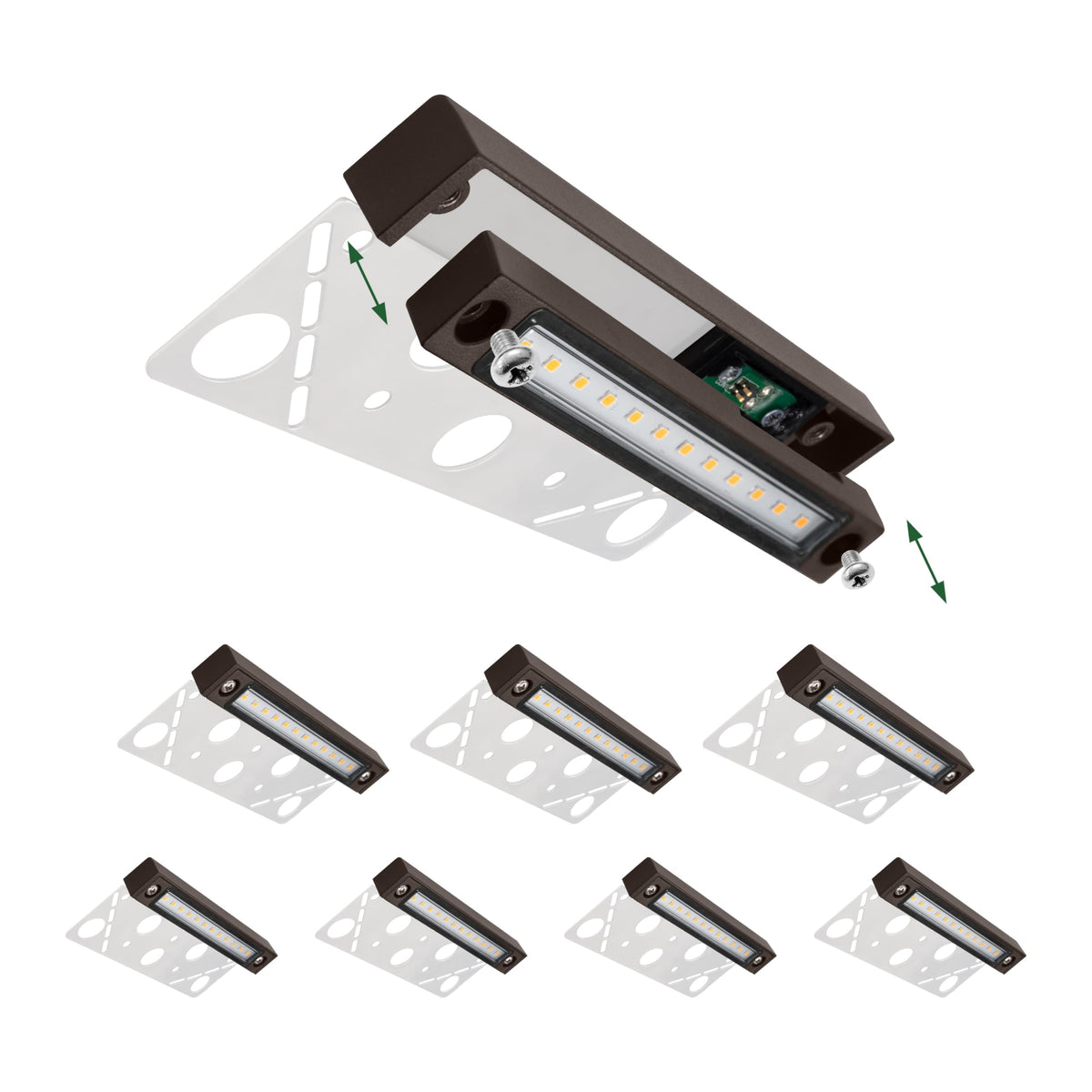 GKOLED 8-pack replaceable 6.8-inch LED hardscape lights illuminate steps with warm 2700K glow.