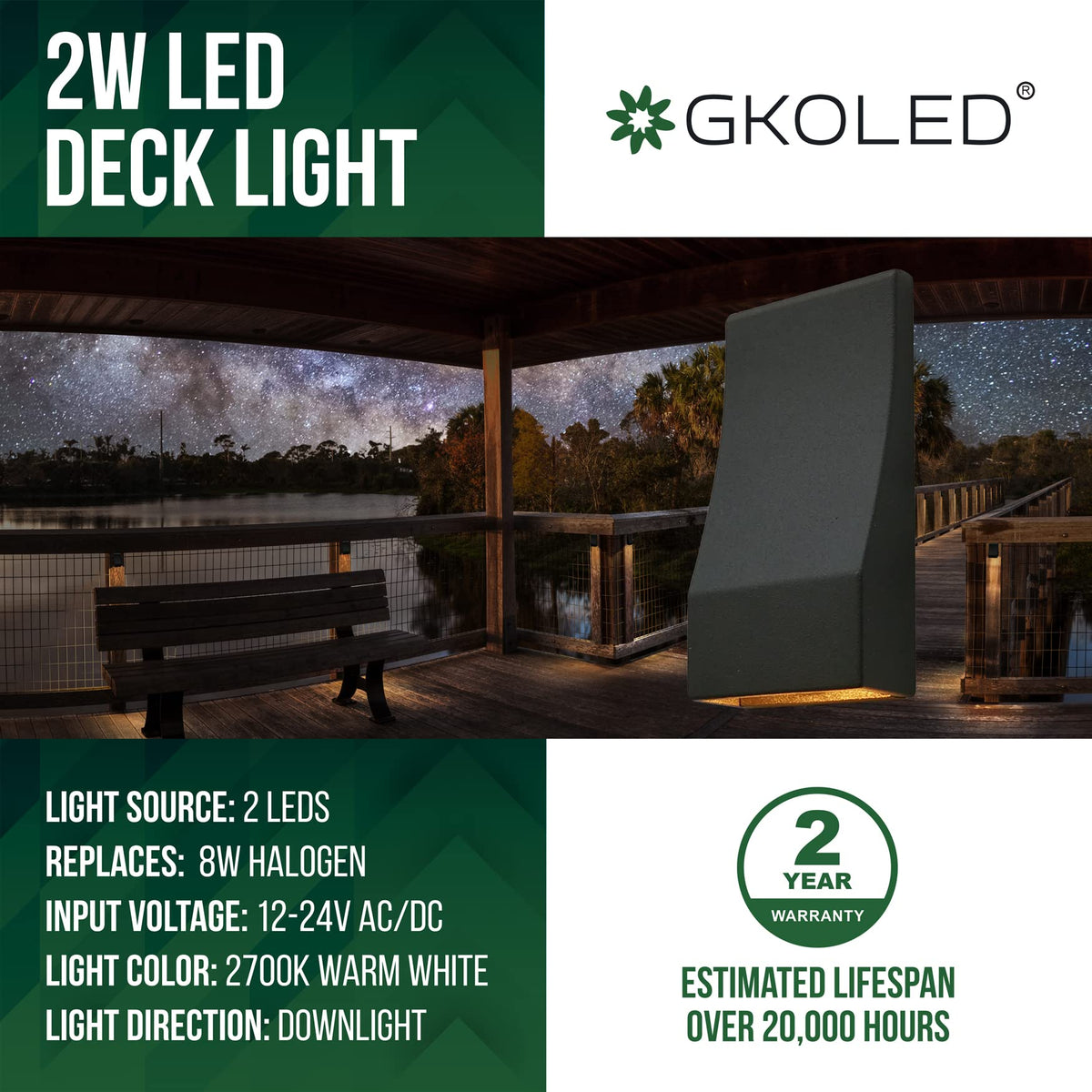 GKOLED landscape rail light highlights pathways with glare-free post lighting.