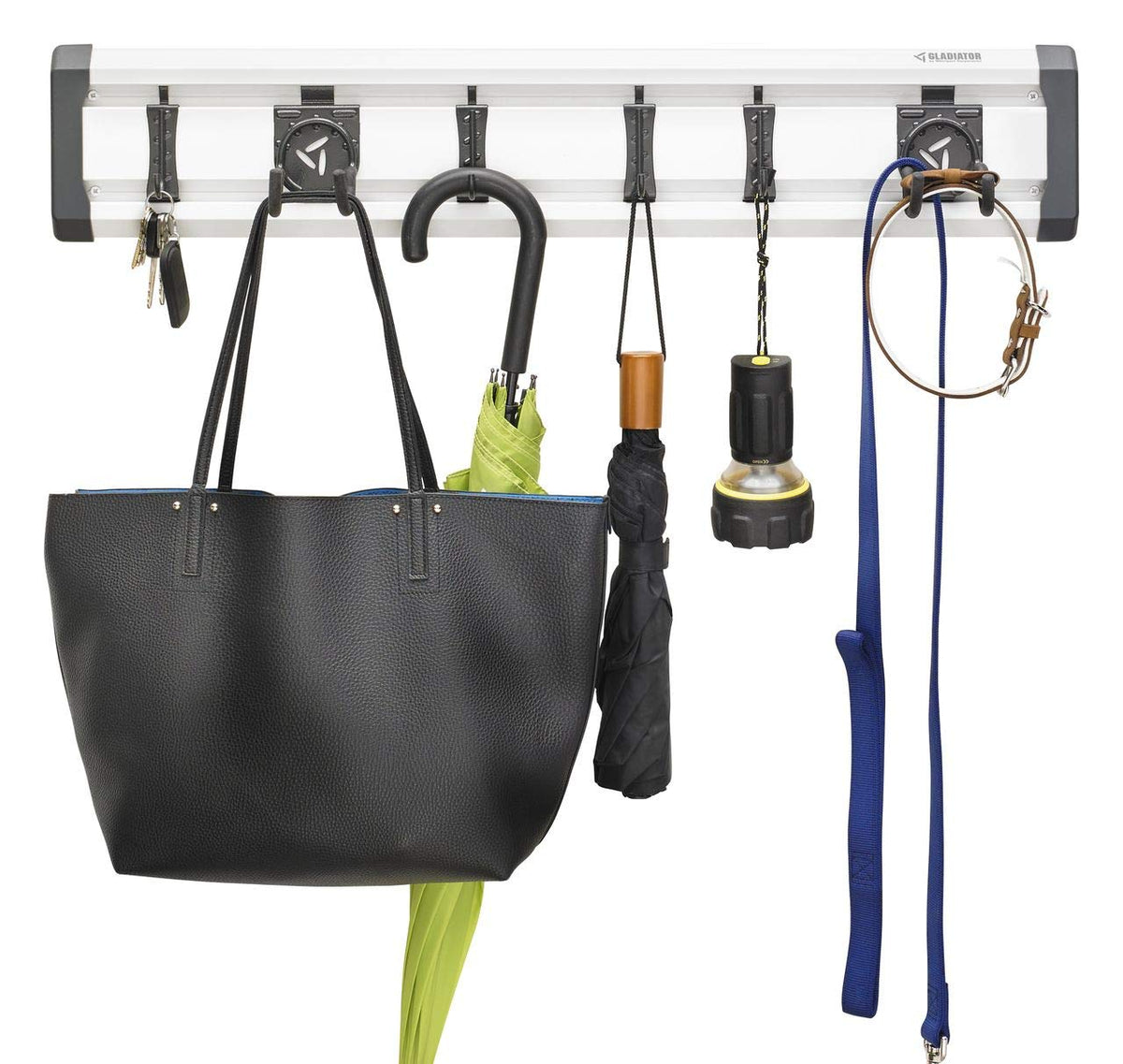 Gladiator J hooks holding keys and coats for quick reach.
